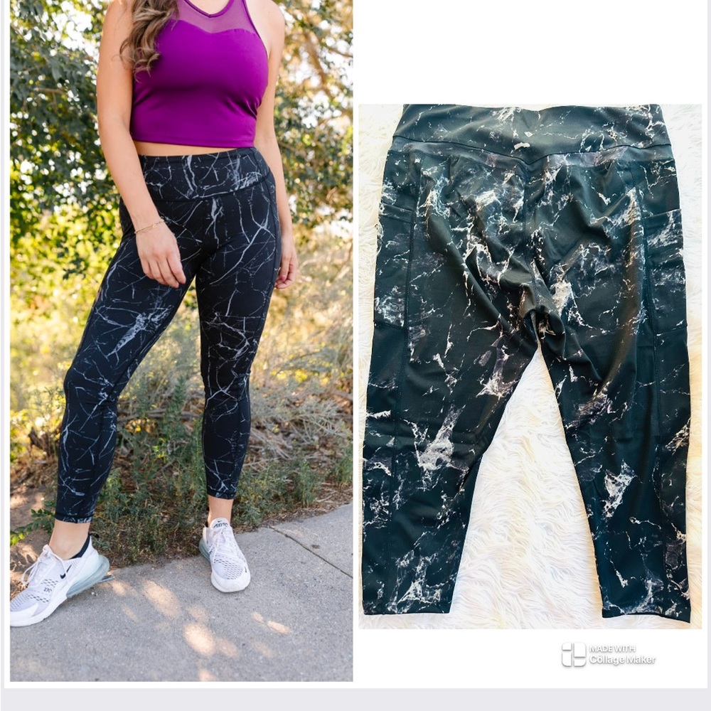 Zoe + Phoebe High Waist Sports Leggings With Cargo Pockets Black Gray Marble 3XL